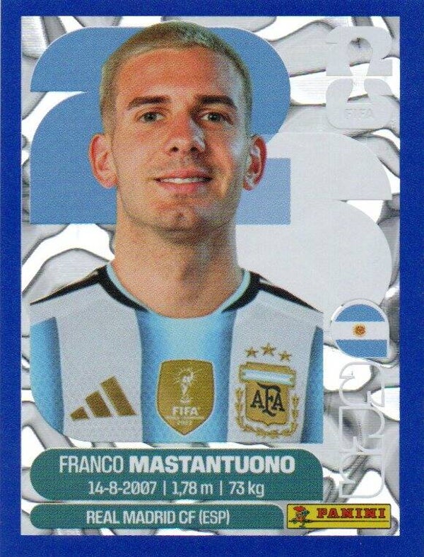 #ARG 15: Franco Mastantuono (Argentina) - Panini FIFA World Cup 2026 Canada, USA, Mexico. Blue Crumple Parallel