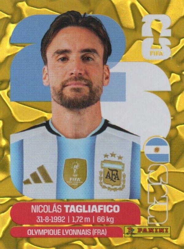 #ARG 6: Nicolás Tagliafico (Argentina) - Panini FIFA World Cup 2026 Canada, USA, Mexico. Gold Flood Crumple Editie
