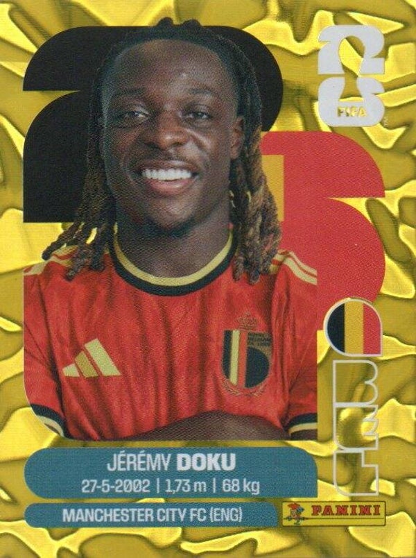 #BEL 16: Jérémy Doku (Belgium) - Panini FIFA World Cup 2026 Canada, USA, Mexico. Gold Flood Crumple Editie