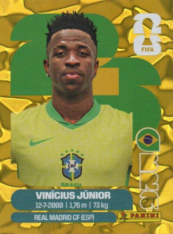 #BRA 14: Vinícius Júnior (Brazil) - Panini FIFA World Cup 2026 Canada, USA, Mexico. Gold Flood Crumple Editie