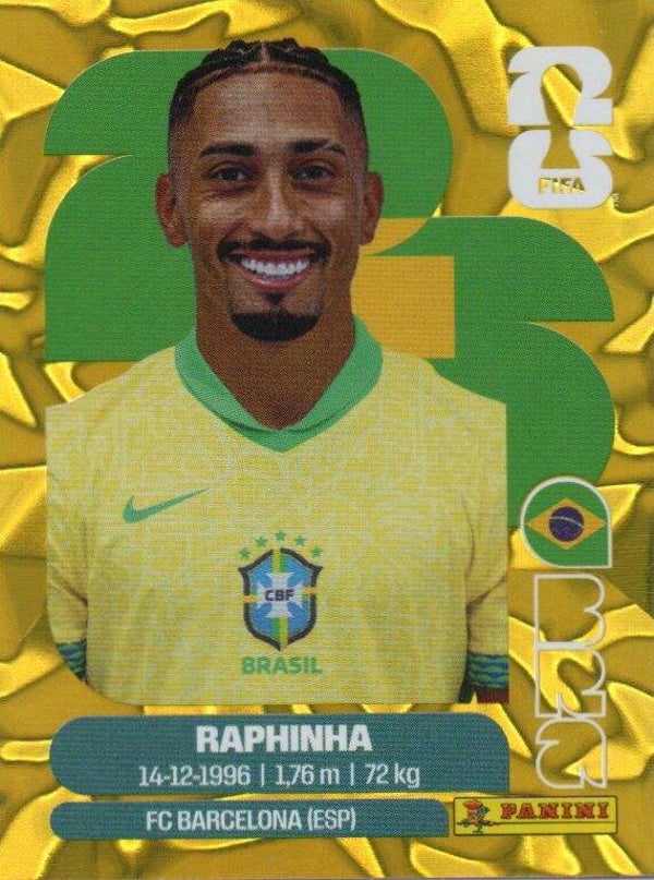 #BRA 19: Raphinha (Brazil) - Panini FIFA World Cup 2026 Canada, USA, Mexico. Gold Flood Crumple Editie