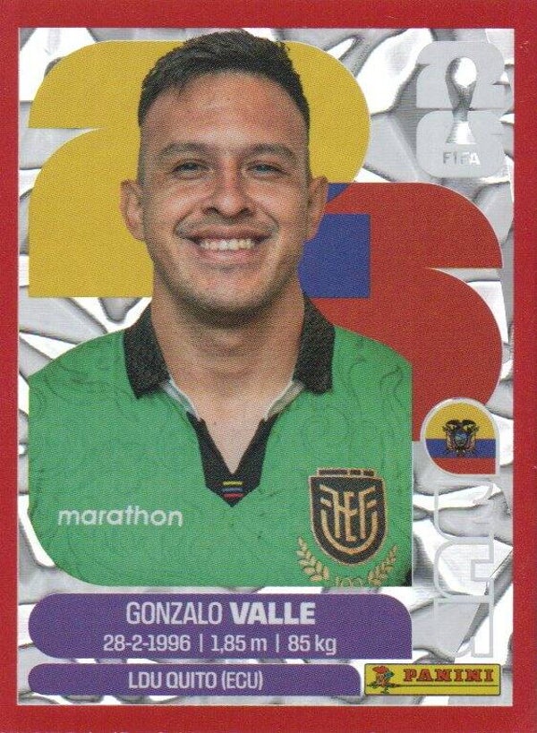 #ECU 3: Gonzalo Valle (Ecuador) - Panini FIFA World Cup 2026 Canada, USA, Mexico. Red Crumple Edition