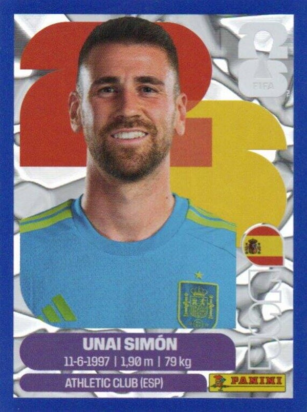 #ESP 2: Unai Simón (Spain) - Panini FIFA World Cup 2026 Canada, USA, Mexico. Blue Crumple Parallel