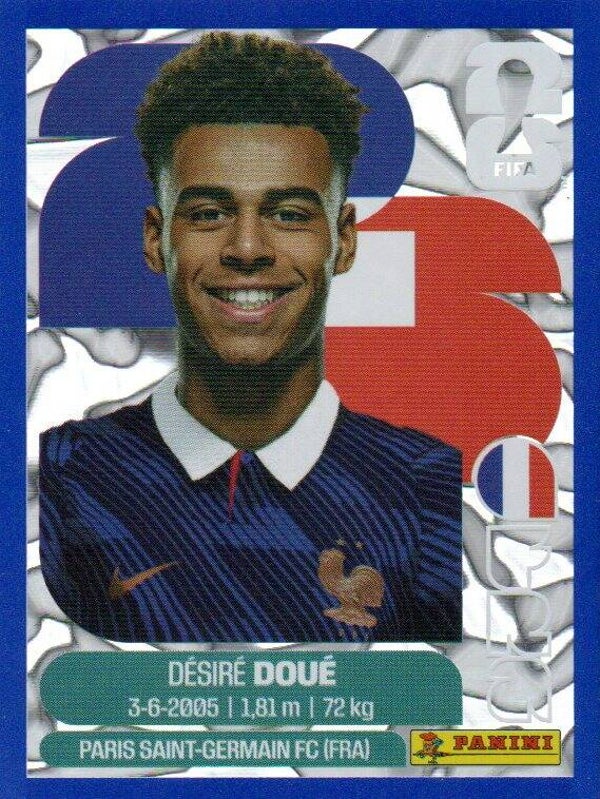 #FRA 17: Désiré Doué (France) - Panini FIFA World Cup 2026 Canada, USA, Mexico. Blue Crumple Parallel