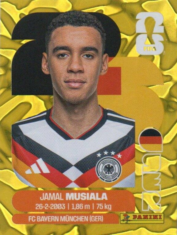 #GER 15: Jamal Musiala (Germany) - Panini FIFA World Cup 2026 Canada, USA, Mexico. Gold Flood Crumple Editie