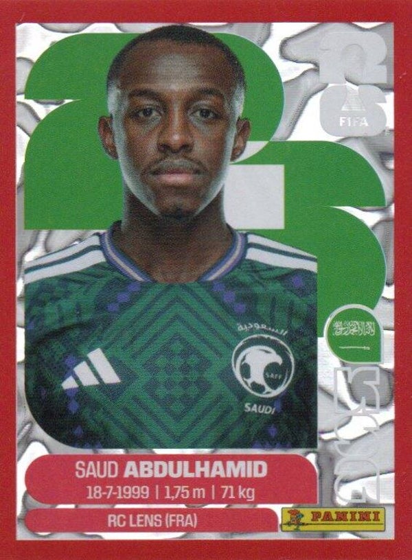 #KSA 4: Saud Abdulhamid (Saudi Arabia) - Panini FIFA World Cup 2026 Canada, USA, Mexico. Red Crumple Edition