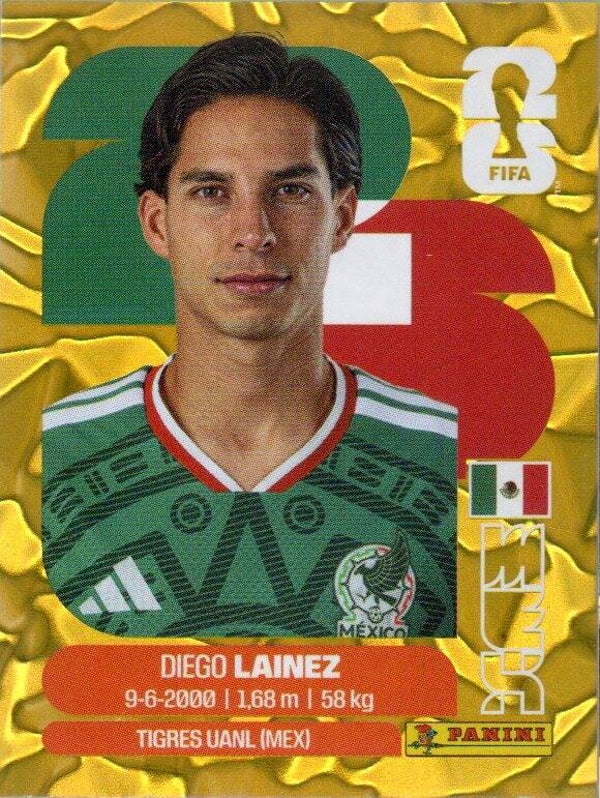 #MEX 8: Diego Lainez (Mexico / Tigres UANL, Mexico) - Panini FIFA World Cup 2026 Canada, USA, Mexico. Gold Flood Crumple Editie