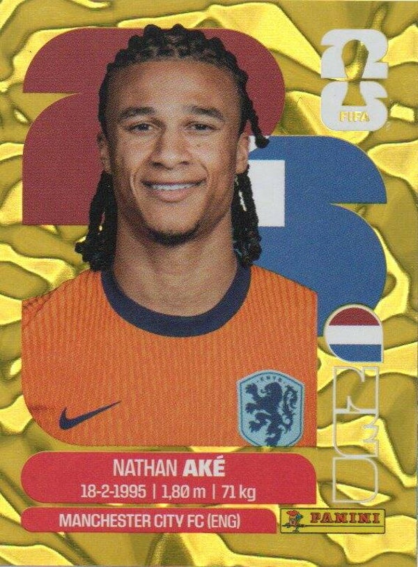 #NED 7: Nathan Aké (The Netherlands) - Panini FIFA World Cup 2026 Canada, USA, Mexico. Gold Flood Crumple Editie