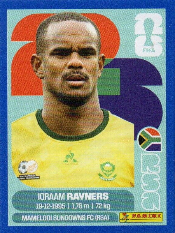 #RSA 18: Iqraam Rayners (South Africa) - Panini FIFA World Cup 2026 Canada, USA, Mexico. Blue Border Parallel