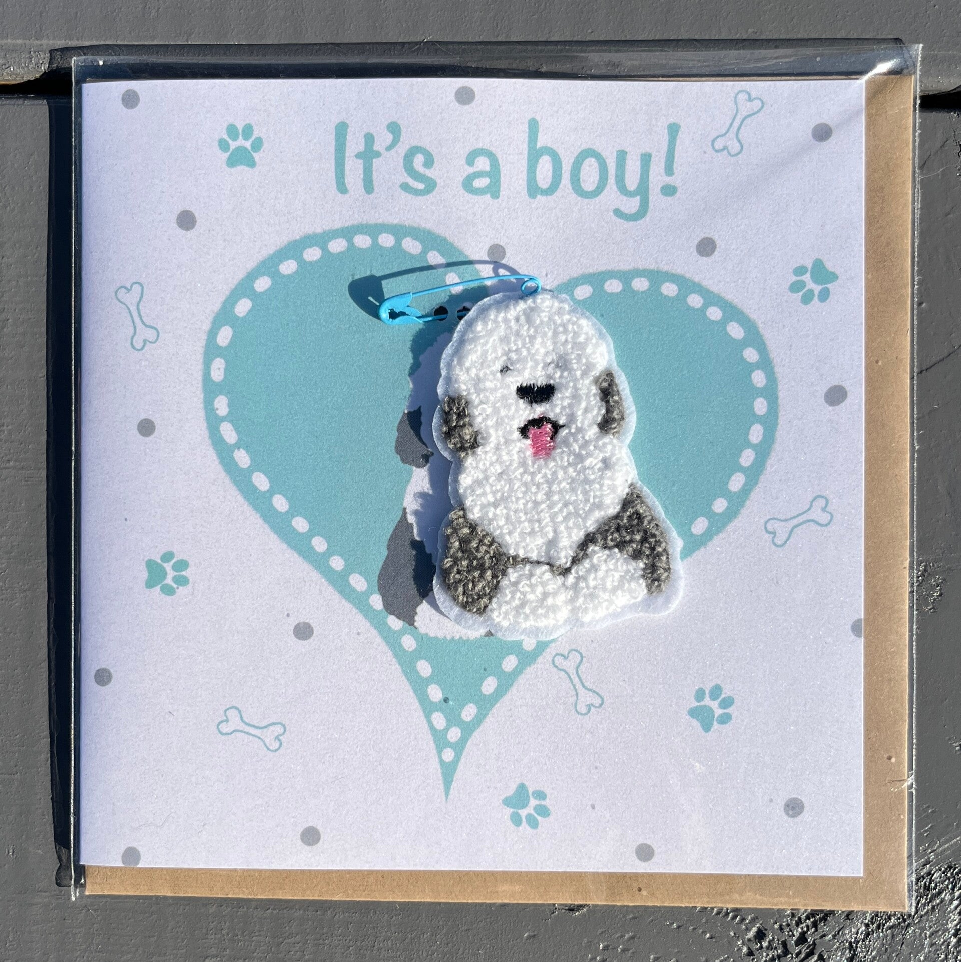 FT00250 Wenskaart met patch - OES Geboorte it's a boy