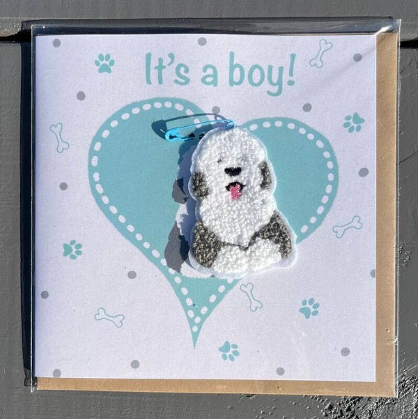 FT00250 Wenskaart met patch - OES Geboorte it's a boy