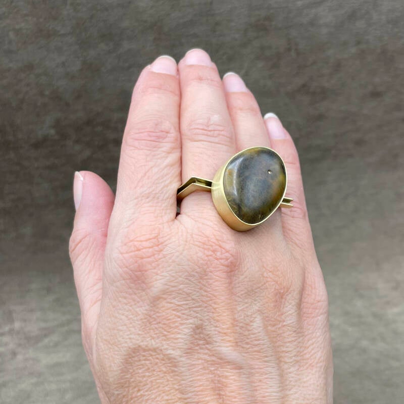 brass and pebble signet ring Shame nor Pride