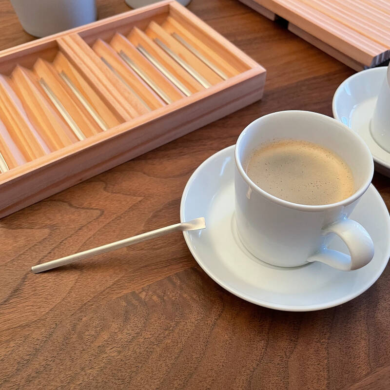 50/50, espresso spoons in a cherry wood box with an espresso