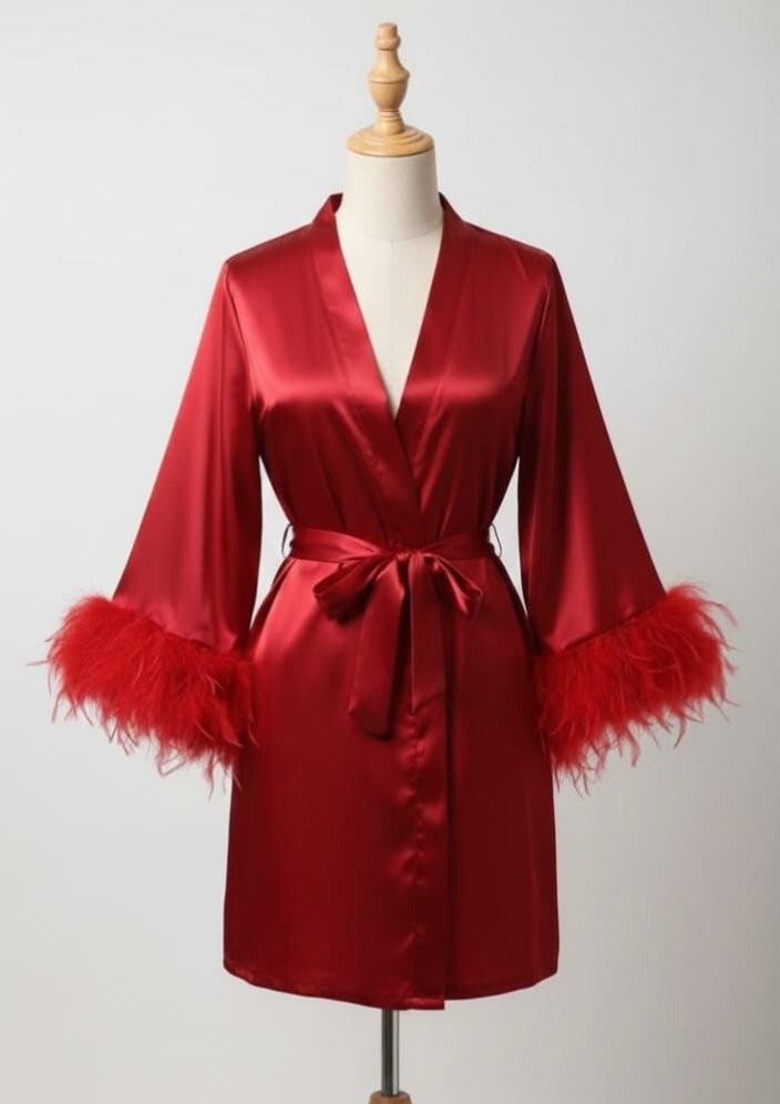 Set Bata Plumas  Burdeos con Camisón o Pijama