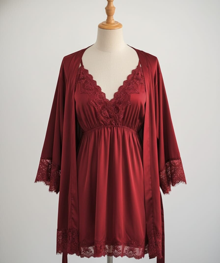 Set Bata Encaje Burdeos  con Camisón