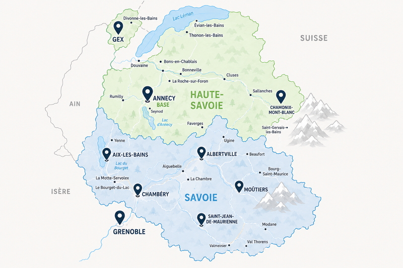 Carte de localisation ADH 74 - Annecy et intervention des deux Savoies