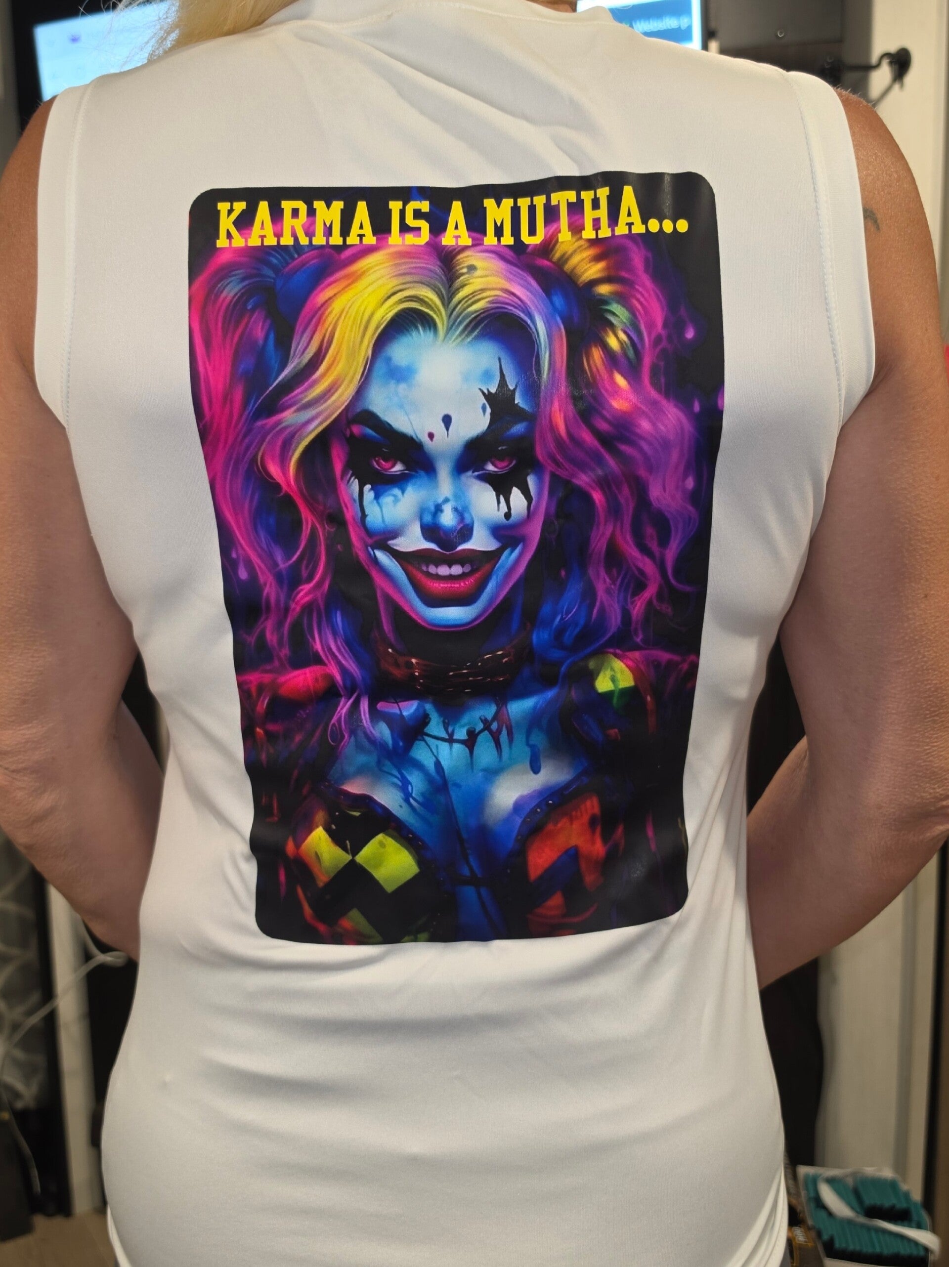 Women's White Racerback Shirt with full back Karma logo