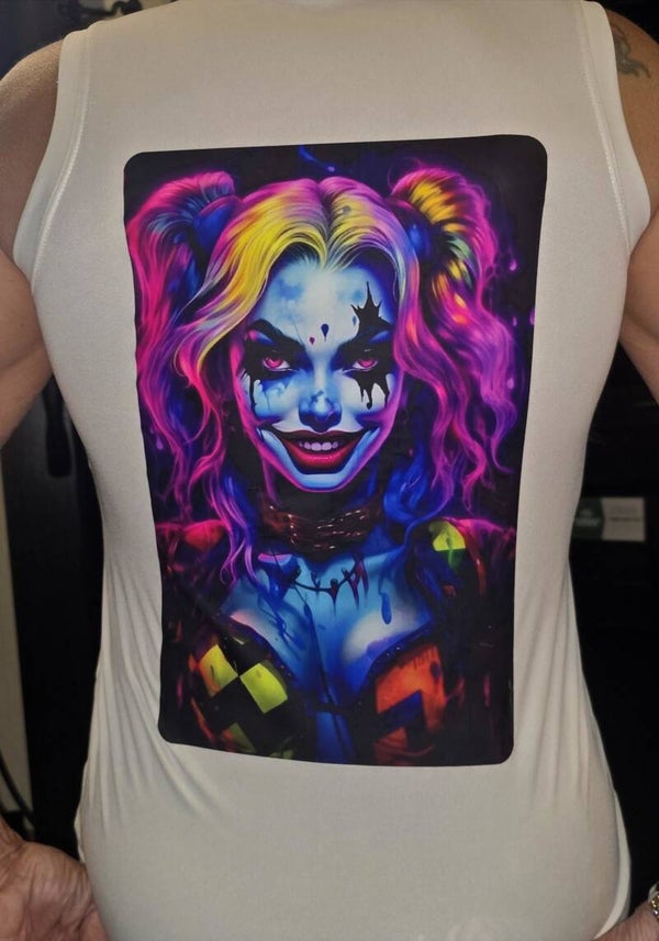 Women's White Racerback Shirt with full back Karma logo