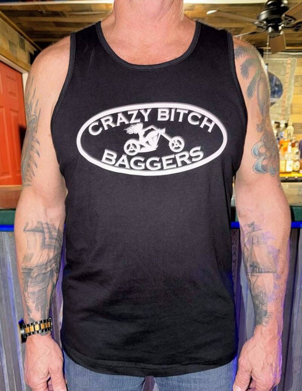 Men's Black Tank Top, Crazy Bitch Cycles/Baggers Decal