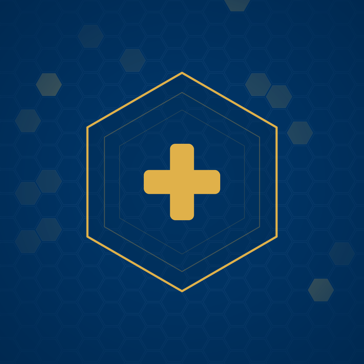 Croix de santé dorée au cœur d’hexagones concentriques sur une trame bleu marine illustrant la certification des comptes des centres de santé — ALFAH AUDIT