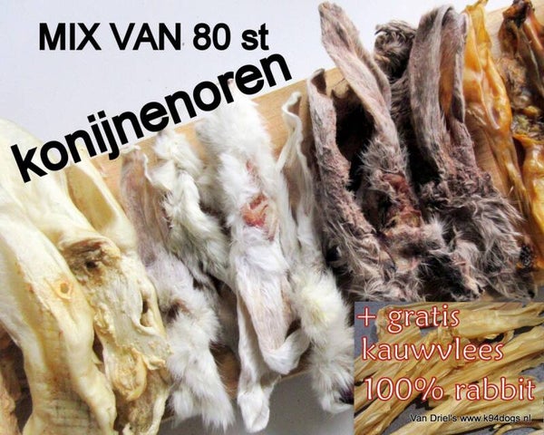 Konijnenoren 80 st. mixed + Gratis rabbit skin kauwvlees FRANCO