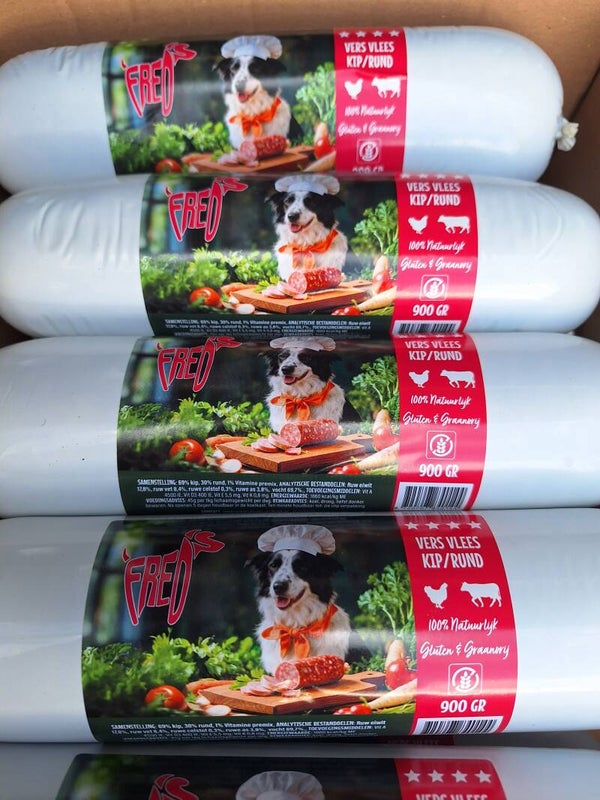 Barf vlees worst rund/kip 900gr. p.st of Kennelpack 10st/9kg