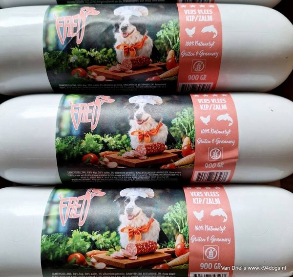 Barf vis/vlees worst zalm/kip 900gr p.st of kennelpack 10st.