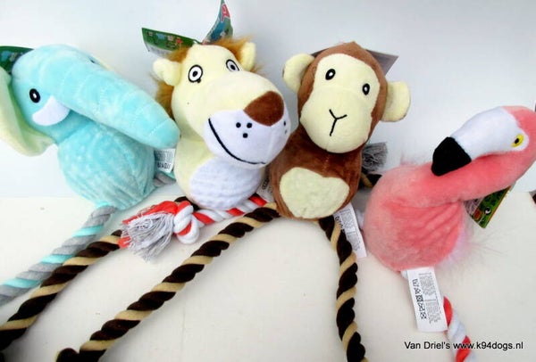 Pluchedier met lange touwbenen piepbal 44cm