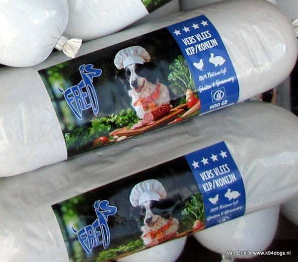 Barf vleesworst 900gr konijn en gevogelte p.st of kennelpack 10st./9kg
