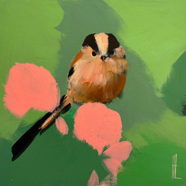 Longtailed tit in green with pink cascade
