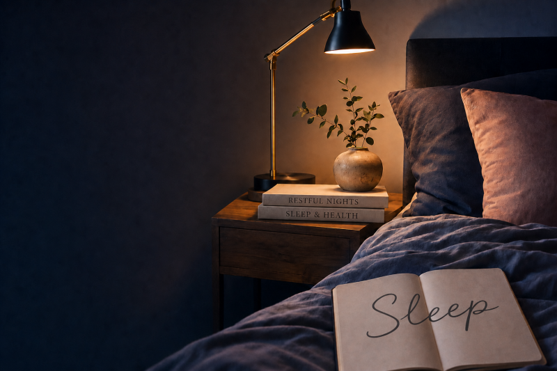 A softly lit bedroom at night with a bedside lamp, sleep-related books, and an open notebook labeled Sleep.