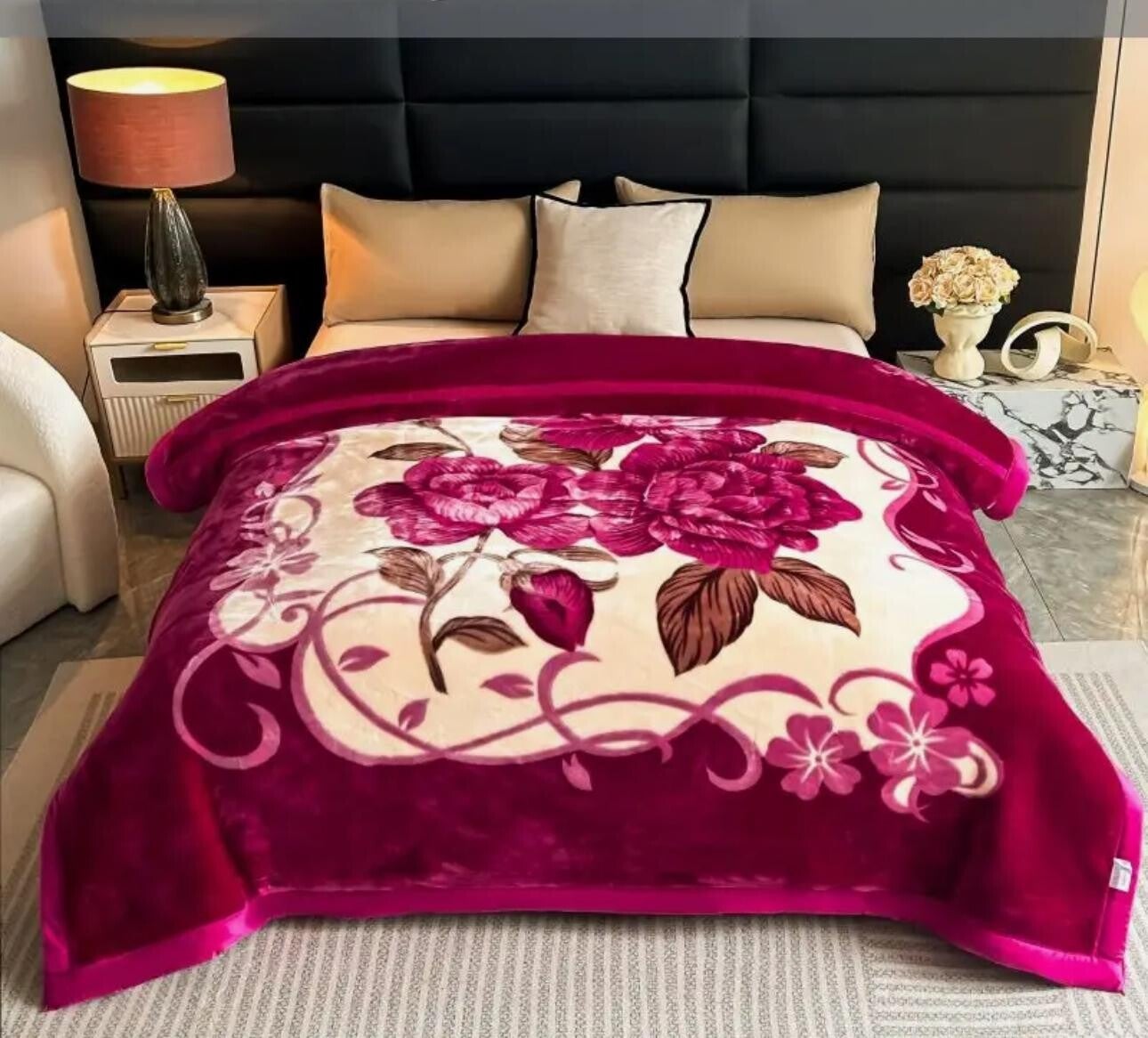 Luxury Floral Plush Blanket – Magenta & Cream