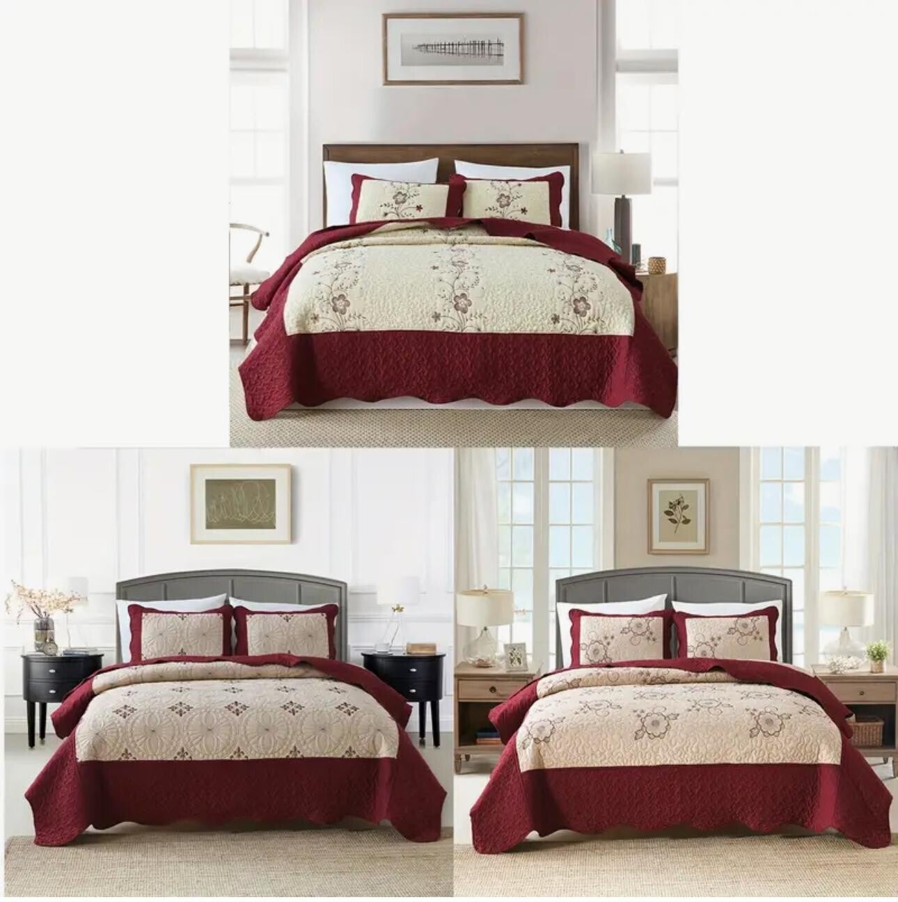 Luxury Floral Quilted Blanket Set – Cream & Deep Red