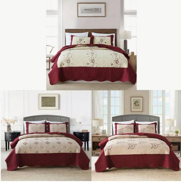 Luxury Floral Quilted Blanket Set – Cream & Deep Red