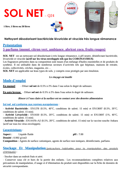 Sol Net SOL NET / Détergent (dégraissant - anti calcaire) / Nos gammes de ...