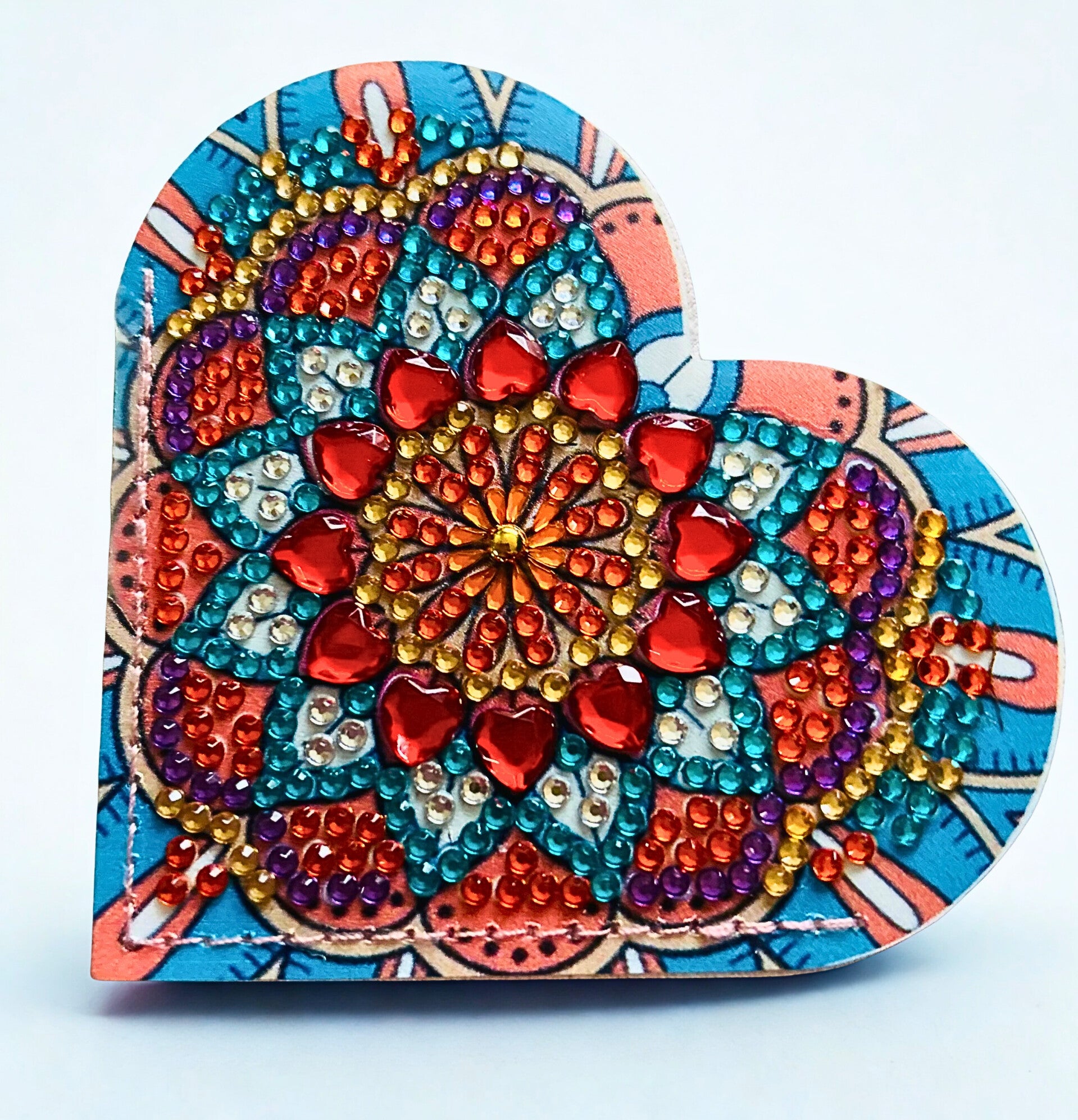 Diamond-painted blue and red heart bookmark