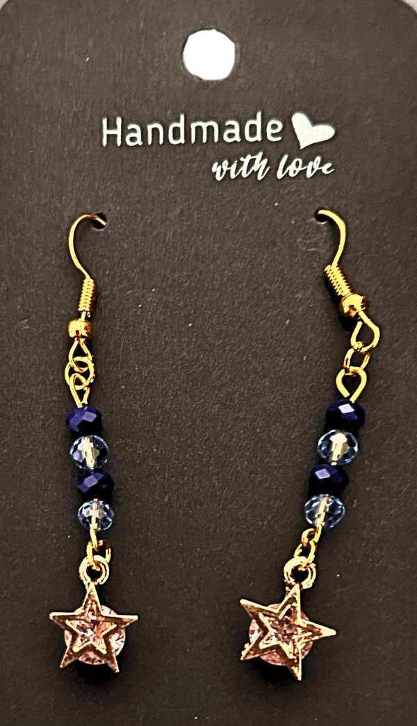 Gold-plated blue beaded earrings with a cubic zirconia star earrings