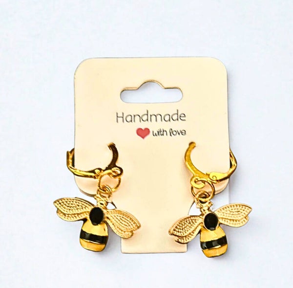 Gold-plated hoops with bumble bee charms