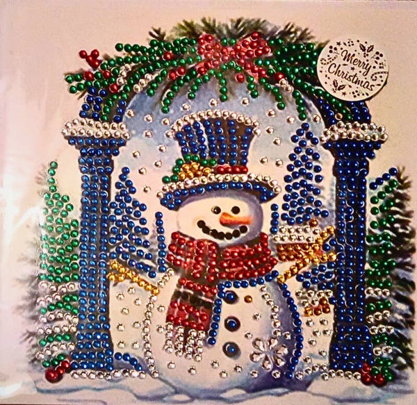 Snowman in a blue archway Christmas card