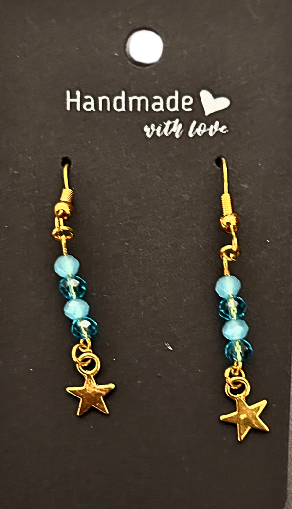 Gold-plated blue beaded earrings with gold star charms