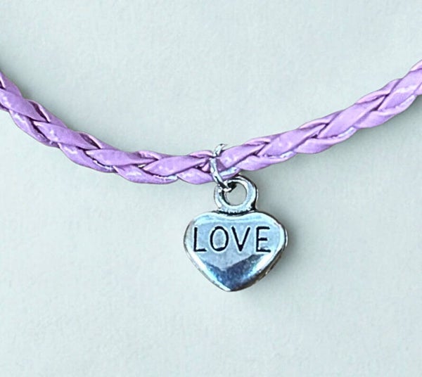 Hypoallergenic Silver-plated pink rope bracelet with a (LOVE) heart charm