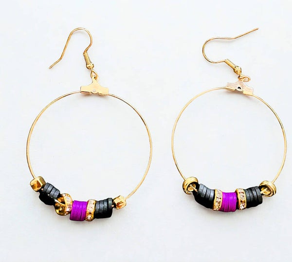Gold-plated purple and black beaded hoop earrings size large