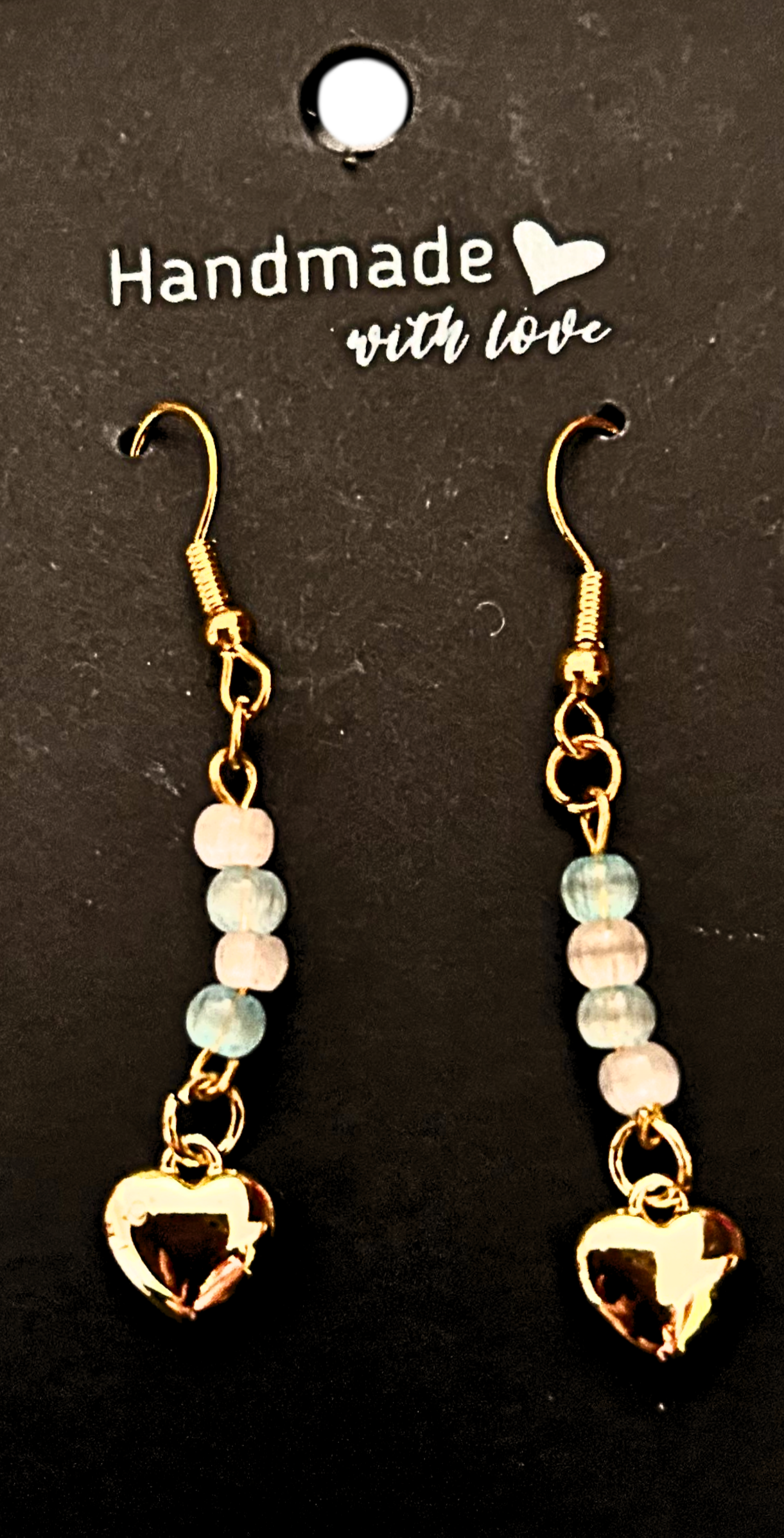 Gold-plated blue and white beaded earrings with 18 K heart charms