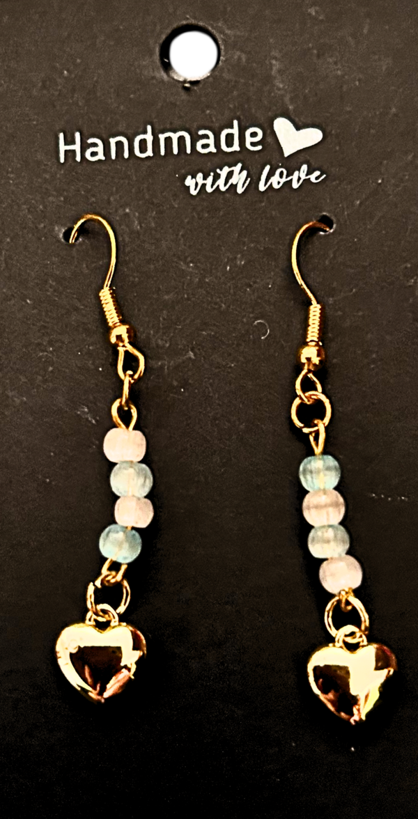 Gold-plated blue and white beaded earrings with 18 K heart charms