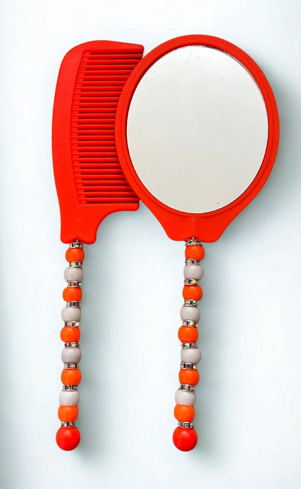 Orange mirror and comb set with matching beaded handles