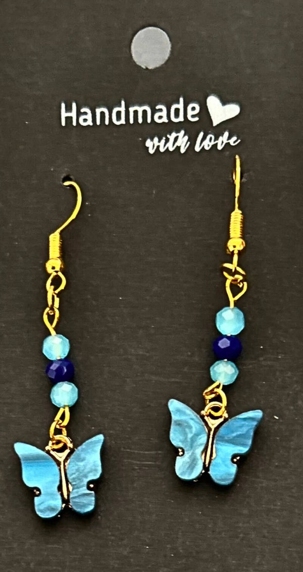 Gold-plated blue beaded earrings with blue butterfly charms