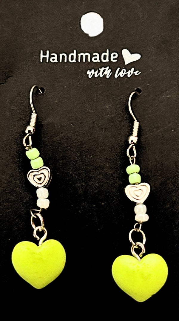 Silver-plated green beaded earrings with green heart charms