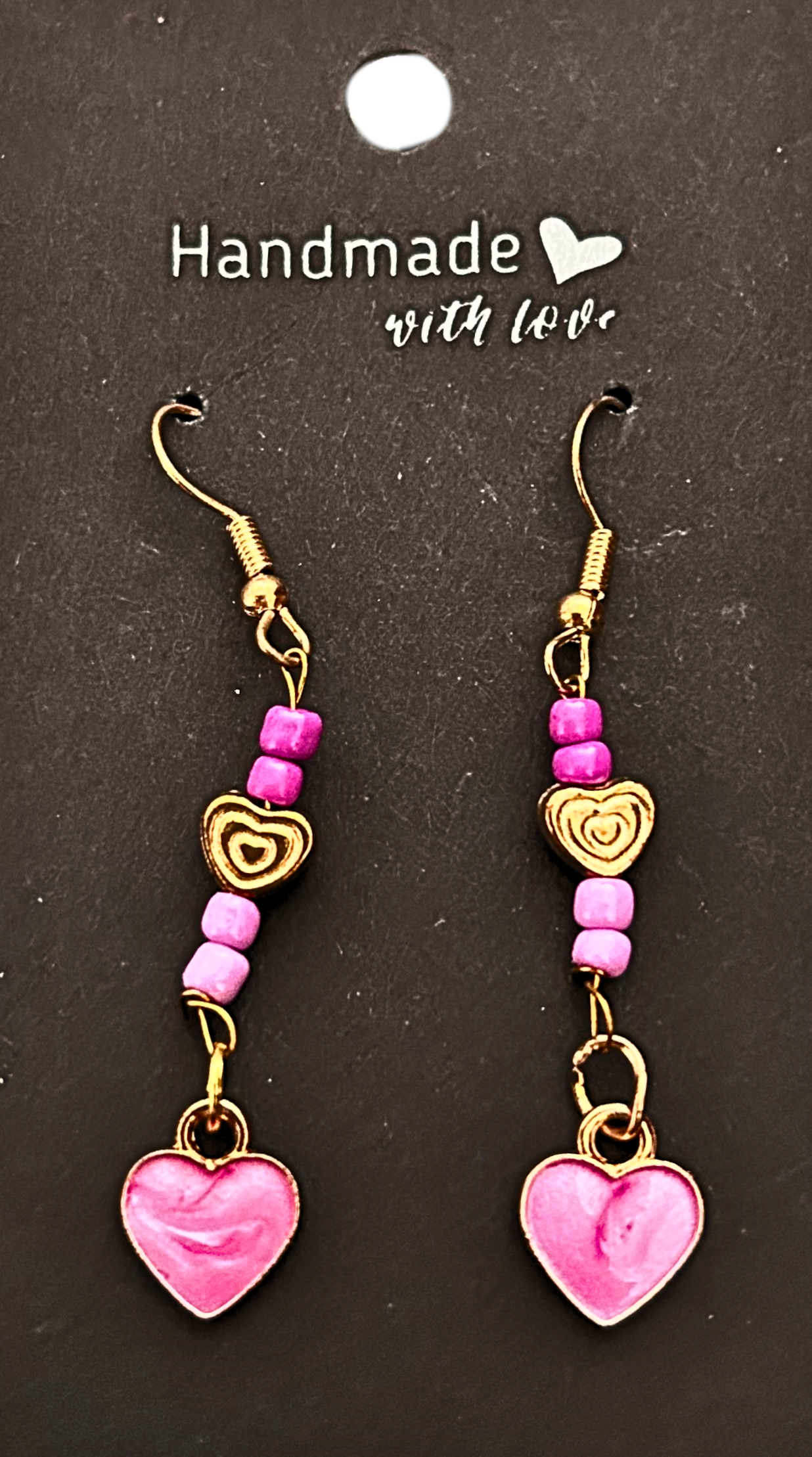 Gold-plated pink beaded earrings with pink heart charm