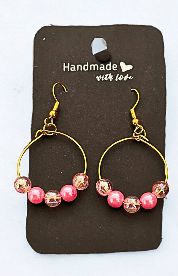 Gold-plated pink beaded hoop earrings
