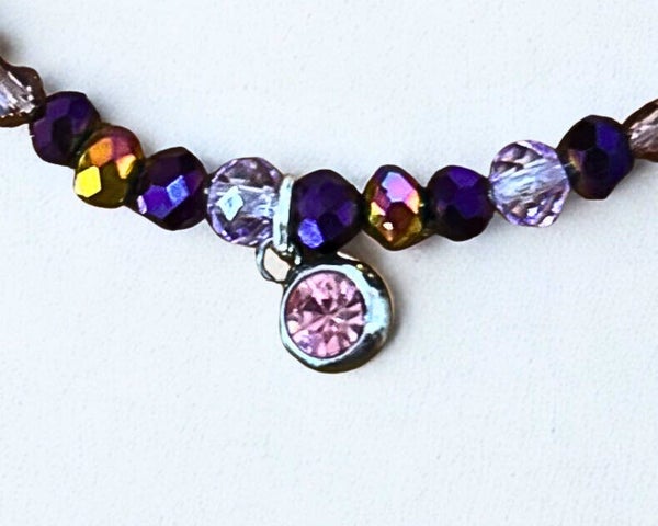 Hypoallergenic silver-plated  glass multi -coloured beaded bracelet with a pink round charm